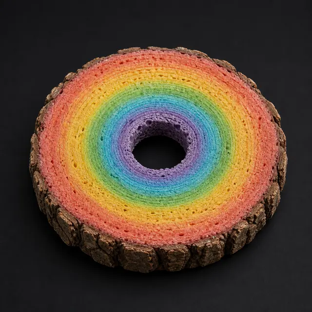 Rainbow cereal loop formed from a bark-edged wood slice